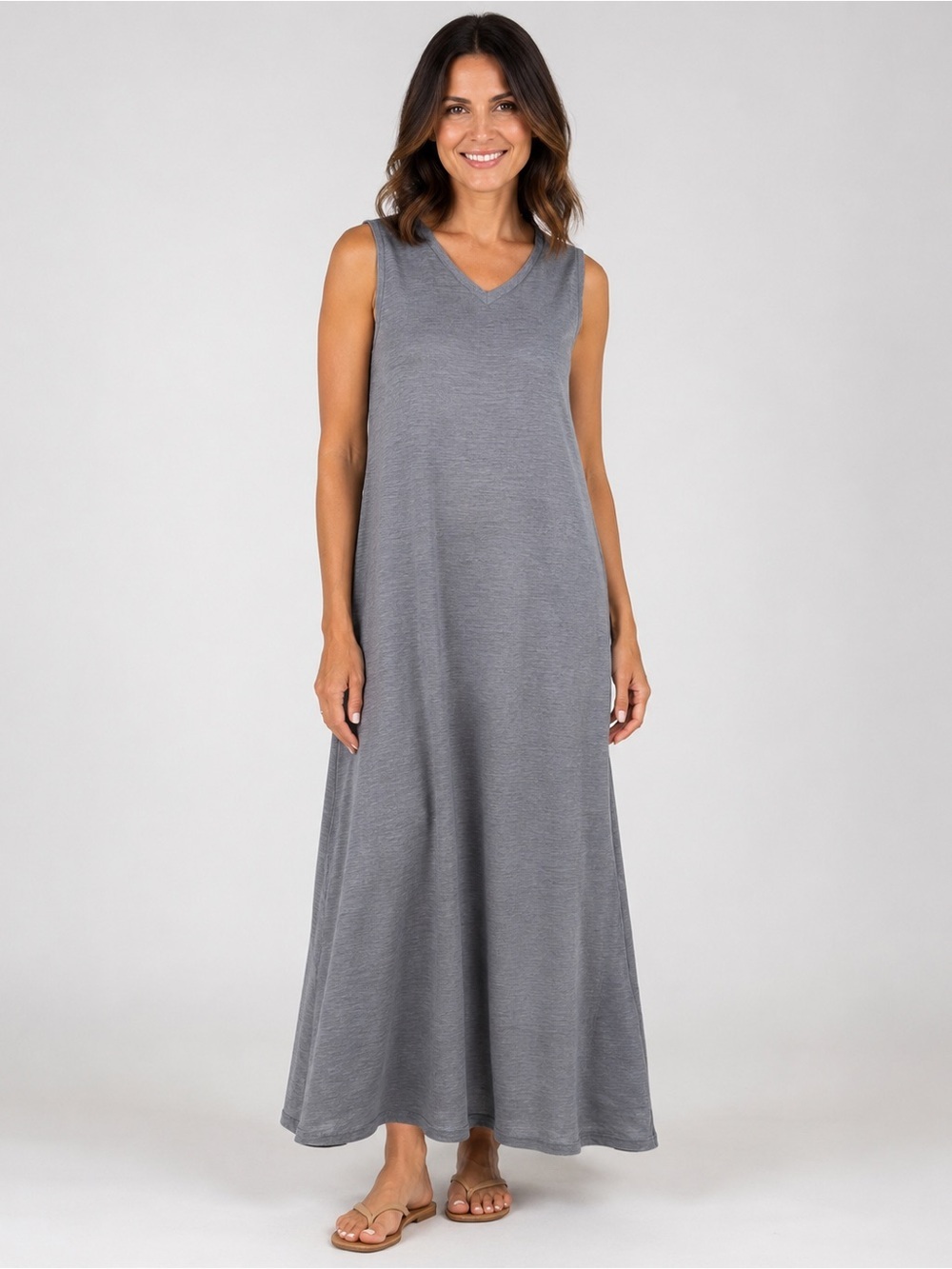 Grey Linen Cotton Sleeveless Midi Dress Size Medium